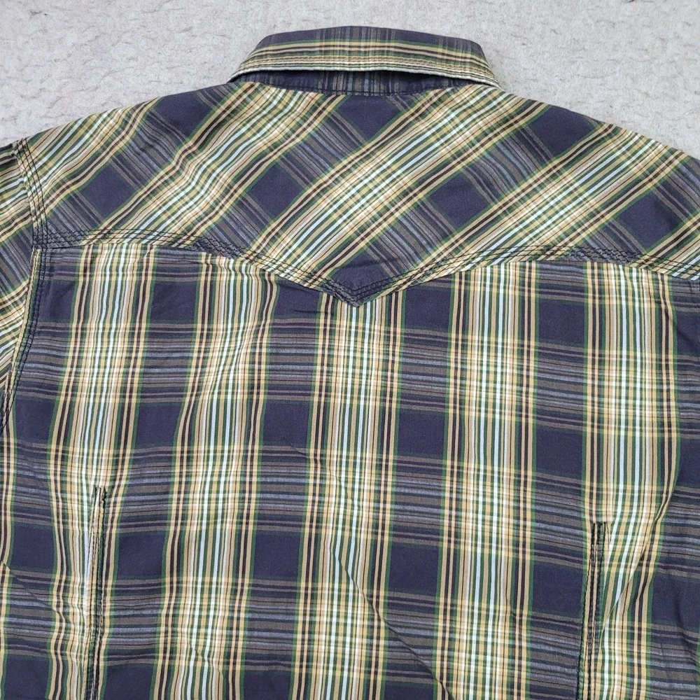 True Religion Pearl Snap Western Shirt Mens 2XL Green Plaid Long Sleeve